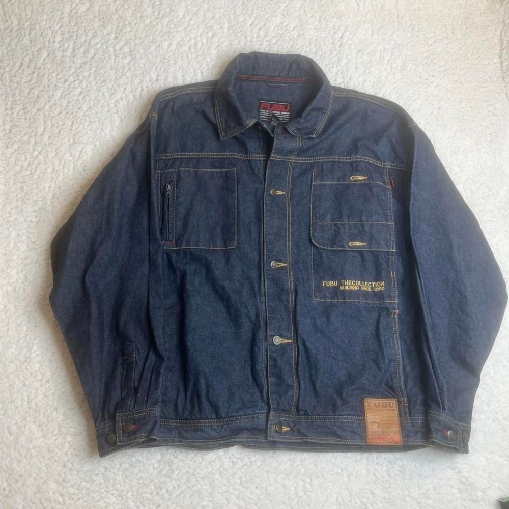 Y2K fubu men's dark wash denim jacket patch embroidered hiphop skater xl‎